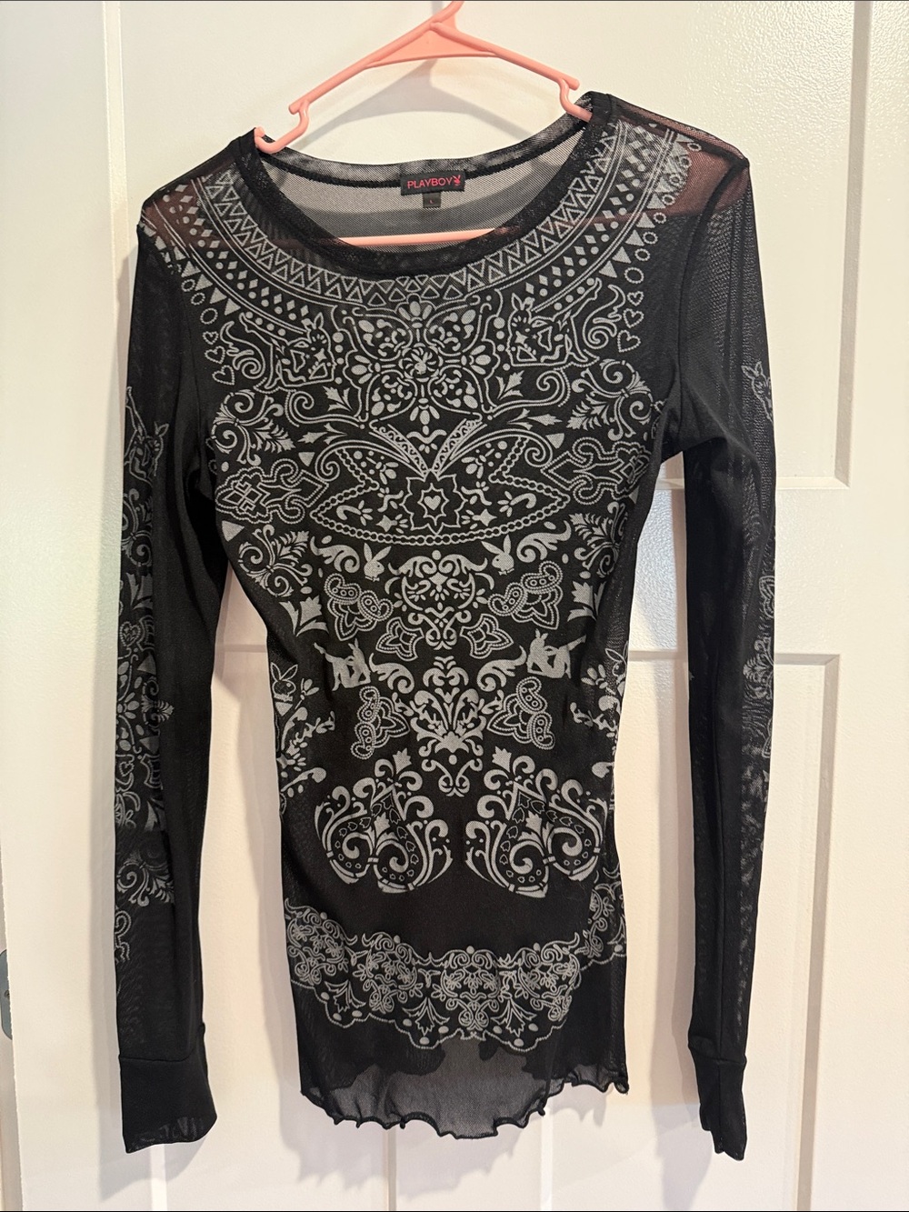 PLAYBOY Black Long-Sleeve Sheer Mesh Top with Gray Ornate Print
